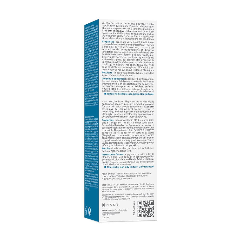 Bioderma Atoderm Intensive Gel Crème with Niacinamide| Skin Barrier Repair| Ultra-light Soothing Gel moisturizer for Very Dry, Irritated, Atopic, Sensitive Skin, 75ml