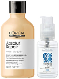 L'OREAL PROFESSIONNEL PARIS Absolut Repair Shampoo With Protein And Gold Quinoa For Dry And Damaged Hair, Serie Expert, 300Ml & Xtenso Care Serum 50 Ml, For Straightened Hair