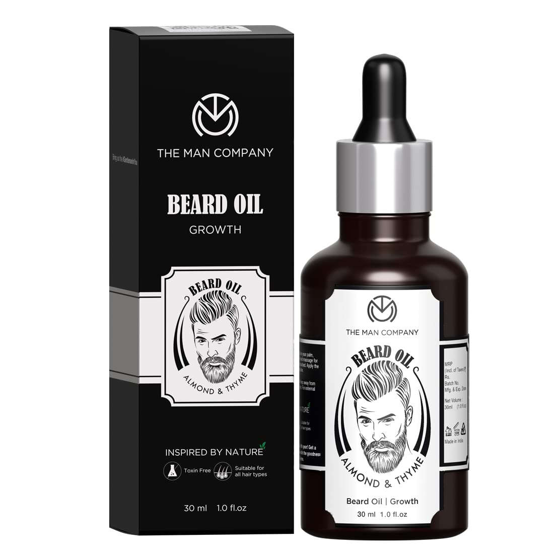The Man Company Beard Oil for Growing Beard Faster with Almond & Thyme, 100% NATURAL, Best Beard Growth Oil for Men, Nourishes & Strengthens Uneven Patchy Beard - 30ML