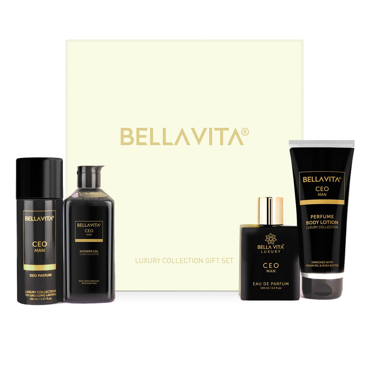 Bella Vita Luxury Ceo Men Gift Set With Charcoal Wood Body Wash 250 Ml For Deep Cleansing, Edp Perfume100 Ml, No Gas Deo Body Parfum 150 Ml And Perfume Body Lotion 200 Ml