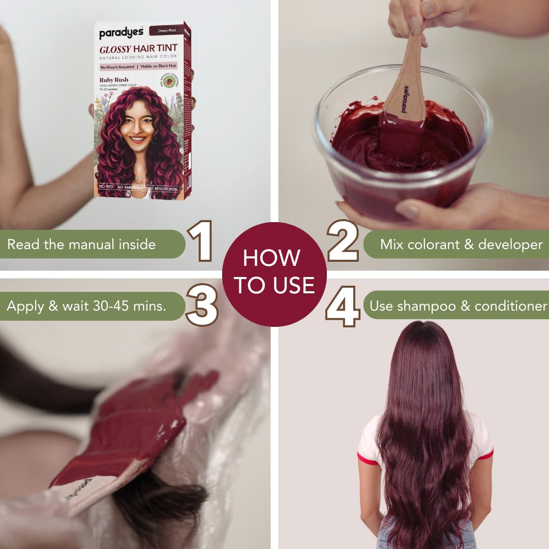 paradyes No Bleach Ruby Rush Glossy Hair Tint, Ammonia-Free Formula For Natural Black Hair, Visible On Natural Black Hair, Includes Anti-Fade Conditioner For Long-Lasting Shine, 1 Count