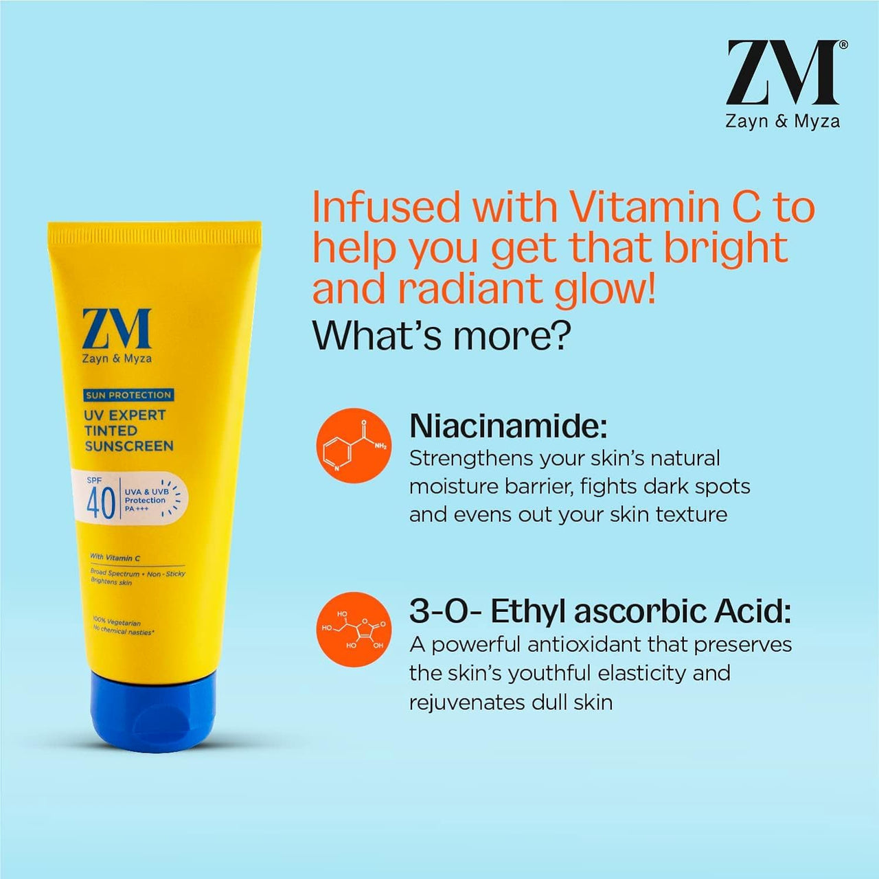ZM Vitamin C UV Expert Tinted Sunscreen SPF 40, PA +++ For Bright & Glowing Skin | For Dull Skin | Non-Greasy, Quick-Absorbing | UVA UVB Sun Protection | Sunscreen For Women & Men, 50 gm
