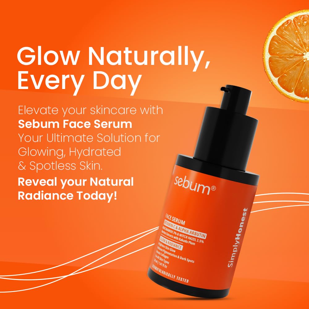 SEBUM 15% Vitamin C Brightening Face Serum | Dermatologically Tested For All Skin Types | with 3% Niacinamide, Alpha Arbutin, Hyaluronic Acid, Kakadu Plum & Witch Hazel | Boosts Glow & Collagen, Fades Dark Spots & Pigmentation | Hydrating & Non Irritating