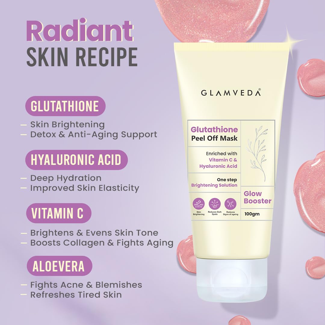 Glamveda Glutathione Peel-Off Mask with Vitamin C & Hyaluronic Acid for Skin Brightening Reduce Dark Spot & Pigmentation | Glow Booster,Tan Removal | Suits All Skin Types | Men & Women - 100g