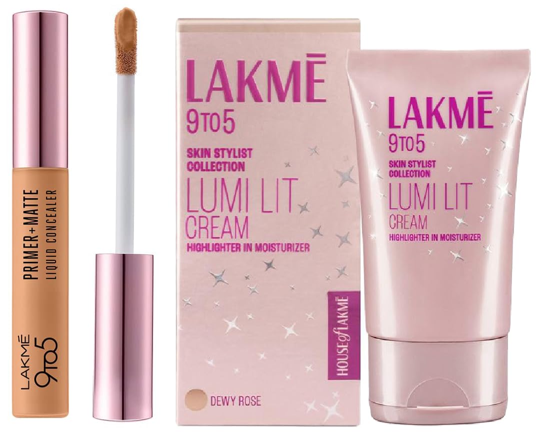 Lakmé 9To5 Primer+Matte Liquid Concealer 30 Cinnamon & Lakmé Lumi Cream Full Coverage for All Skin Type - Face Cream for All Skin Type With Moisturizer + Highlighter