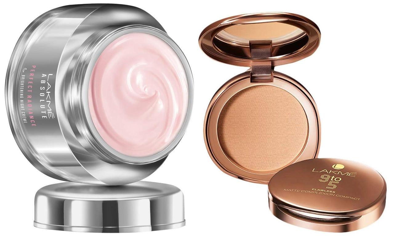 Lakmé Absolute Perfect Radiance Cream Skin lightening/Brightening Night Crème, 50g and 9 to 5 Flawless Matte Complexion Compact, Melon, 8g