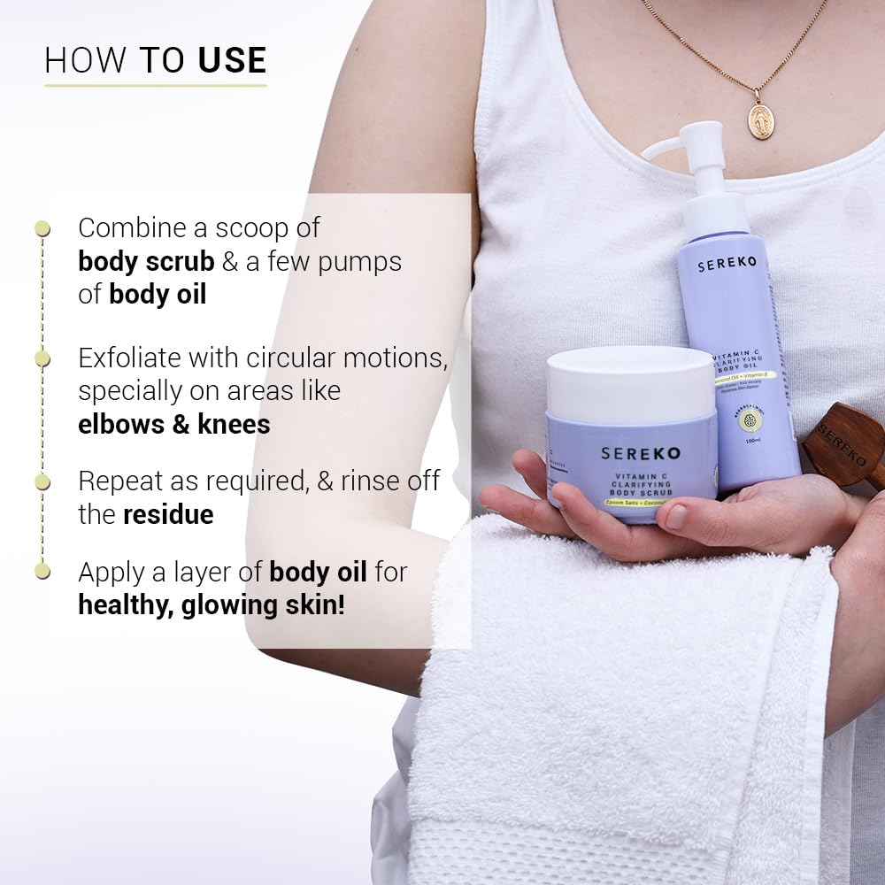 SEREKO Vitamin C Body Exfoliating Kit Clarifying Body Scrub 100 g, Clarifying Body Oil 100 ml, Exfoliator for all Skin Types, Natural, Cruelty free, Vegan, Clean Beauty for Gifting and Personal Use