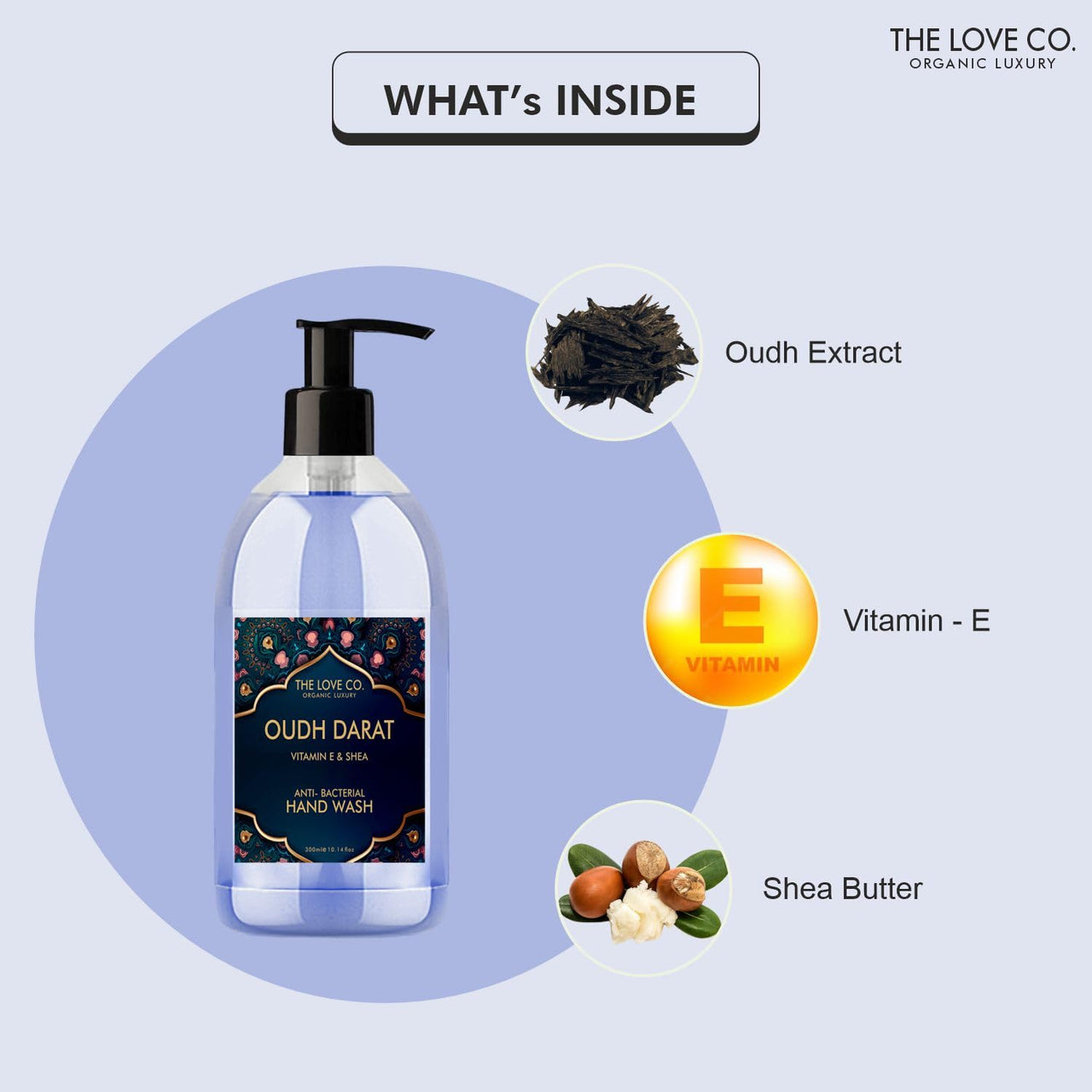 The Love Co. Oudh Darat Hand Wash - Infused, Moisturizing & Soothing - Gentle Cleanser for Soft, Hydrated Hands - Ideal for Sensitive Skin - 300ml