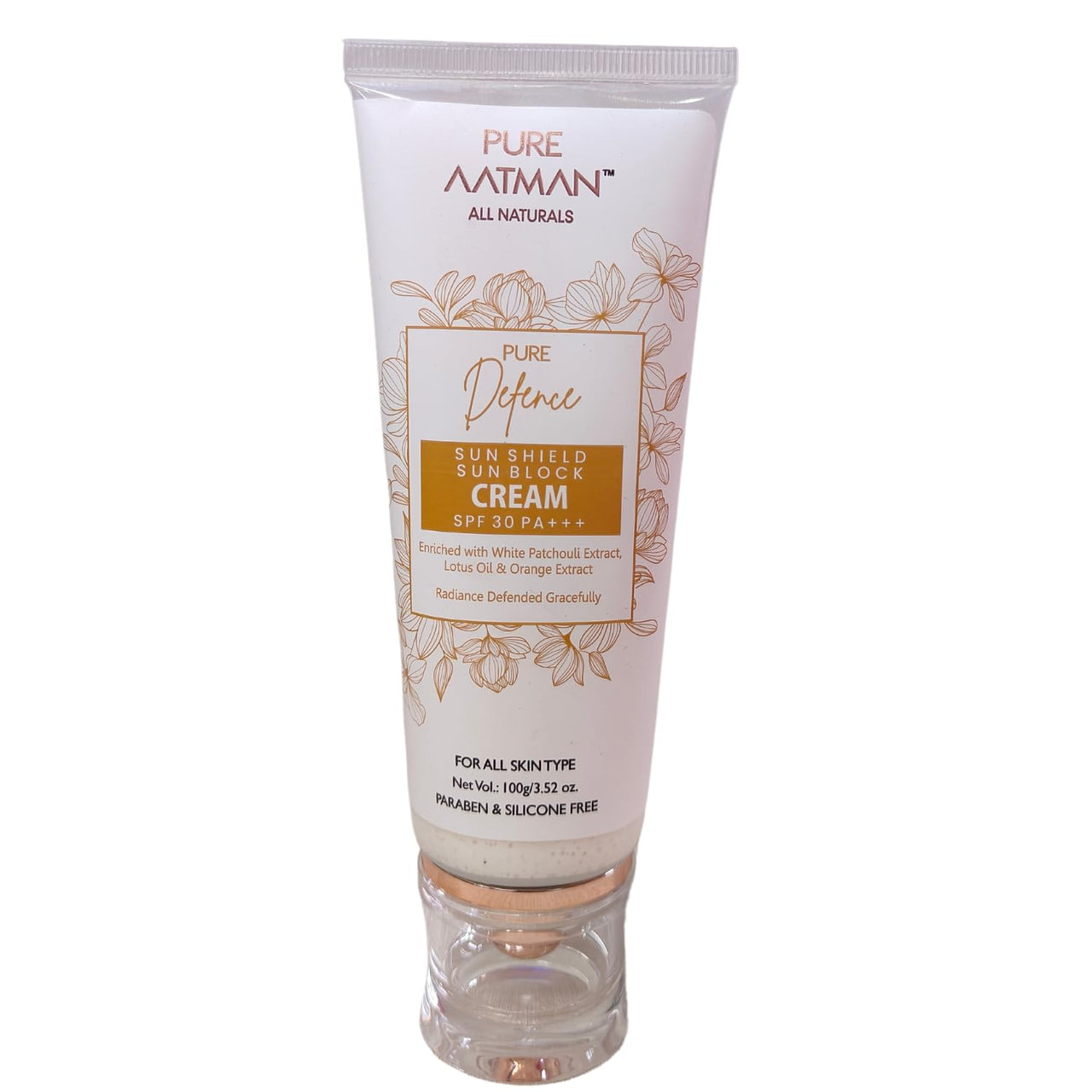 Pure Aatman Lotus Oil & Orange Extract Sunblock Sunscreen SPF 30 PA+++ UVA/UVB Sunscreen|Non-Sticky with Zero White Cast | Visibly Flawless Skin | Suitable for Acne & Sensitive Skin | 100gm