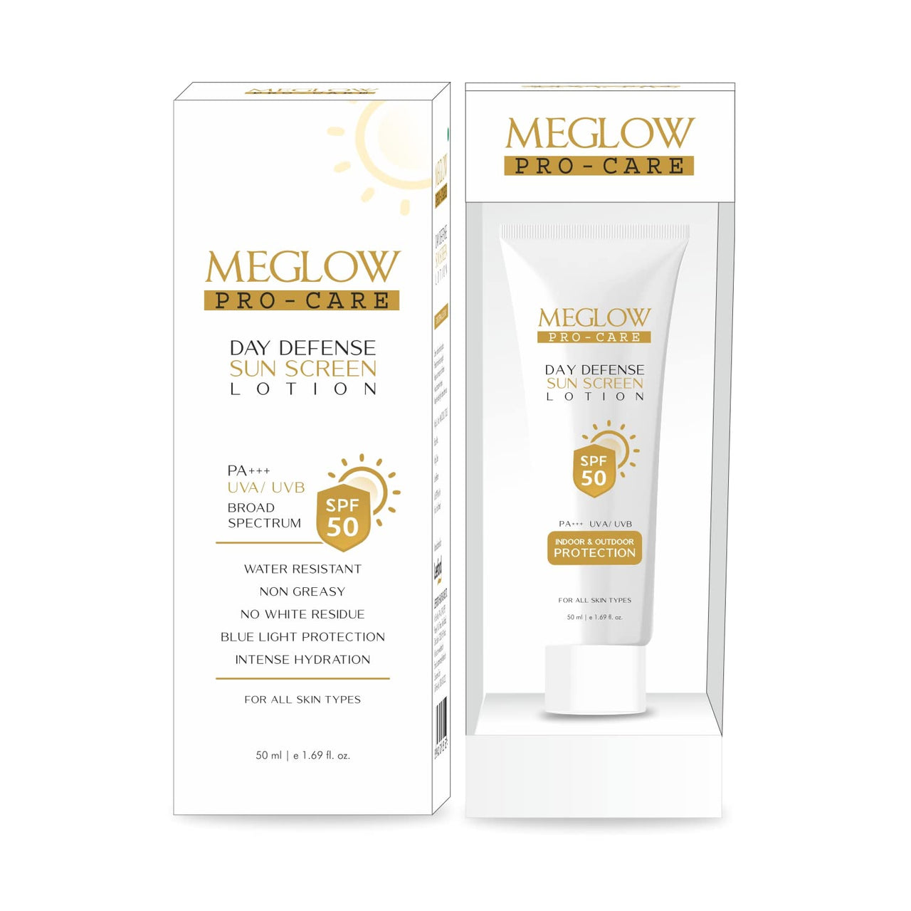 Meglow Pro-Care SPF 50 PA+++ Sunscreen Lotion for Face & Body (50ml) – Broad Spectrum UVA/UVB Protection & Blue Light Defense, Intense Hydration for All Skin Types