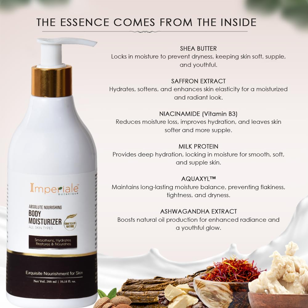 Imperiale Botanique Absolute Nourishing Body Moisturizer Lotion | 300 ML | Cocoa Butter, Niacinamide & Milk Protein | 24-Hour Hydration | Deeply Nourishes, Softens & Restores Skin Radiance | Lightweight & Fast-Absorbing | All Skin Types & All Seasons