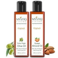 Mystiq Living Extra Virgin Olive Oil & Sweet Almond Oil Combo | For Hair, Skin And Baby Massage | Cold Pressed, Pure & Natural -400 ML (200 ML Each)