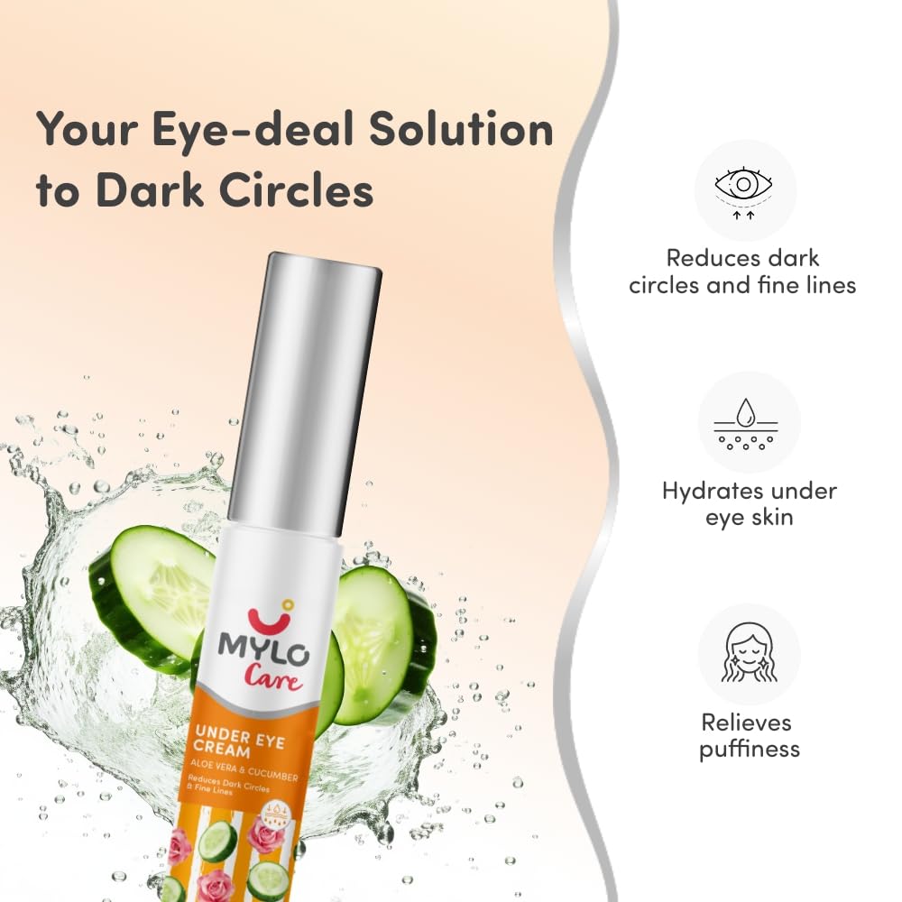 Mylo Care Under Eye Cream with Under Eye Roll-on with Easy to Apply Applicator, Relieves Puffiness & Fine Lines with Coffee, Aloe & Hyaluronic Acid Hydrates Under Eye Skin 15 gm
