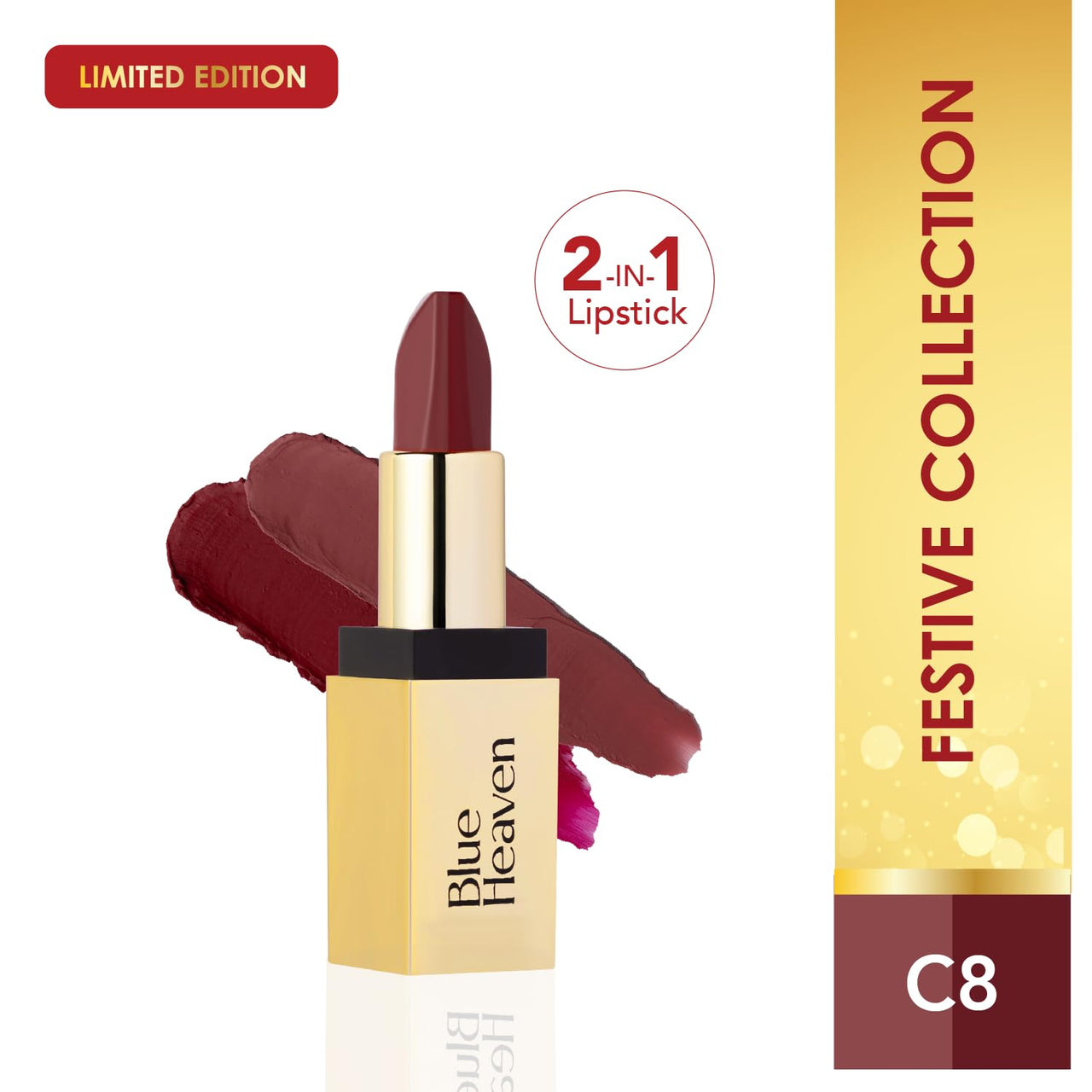 Blue Heaven 2 in 1 Festive Lipstick | Dual Shade | Ultra Lightweight Soft Matte Finish | Long Stay Comfort Wear Lipsticks for Women |C8| 4gm