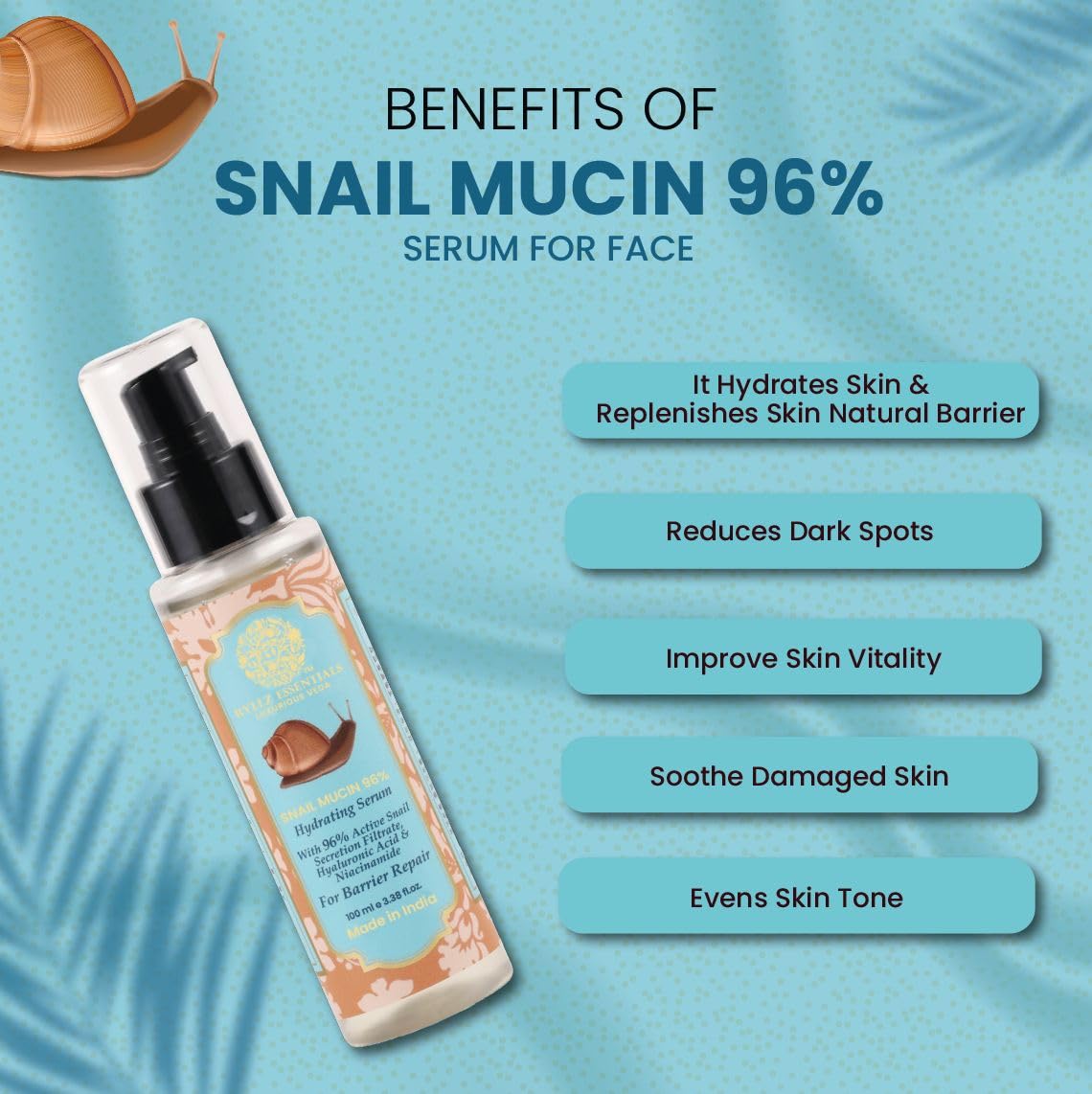 RYLLZ ESSENTIALS Snail Mucin 96% Power Repairing Essence | Face Serum | with 96% Snail Secretion Filtrate, 5% Niacinamide, Hyaluronic Acid & Betaine | for Intense Hydration, Barrier Repair, Glowing Skin, Blemishes, Anti Aging, Skin Firming, Wrinkles & Spo
