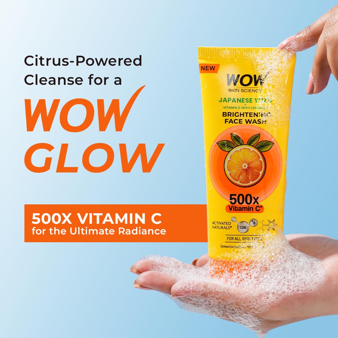 WOW Skin Science Japanese Yuzu + Vitamin C with Ceramide Brightening Face Wash | 500x Vitamin C | For Strengthened Glowing Skin | Paraben-Free Gentle Cleanser with Orange Peel & Camu Camu | 100ml