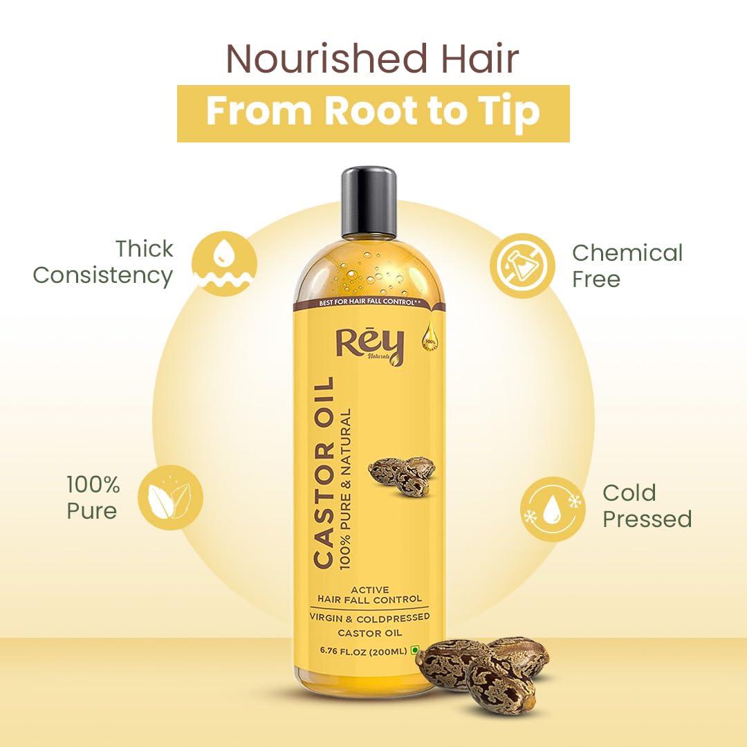 Rey Naturals Cold Pressed Virgin Castor Hair Oil | Arandi Tel | For Hair Growth, Nail cuticles, Eyelash & Eyebrows | Hydrates Skin & Reduces Wrinkles | Suitable For All Hair Types - 750ML