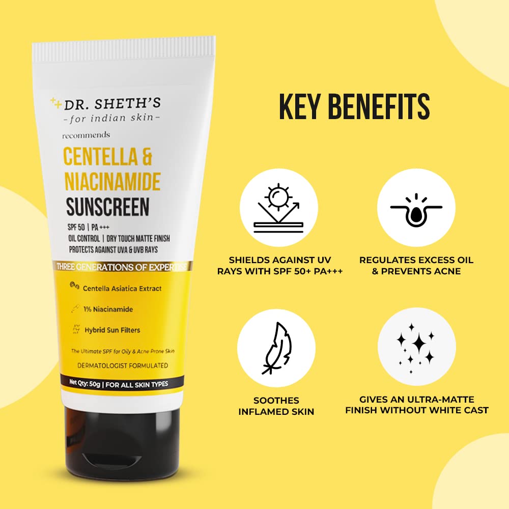 Dr Sheth's Centella & Niacinamide Sunscreen SPF 50 PA+++ | For Oily & Acne-Prone Skin | Sweat Proof & Water-Resistant | Dry Touch Matte Finish | Controls Excess Oil | Protects Against UVA & UVB Rays | For Men & Women | 50 g