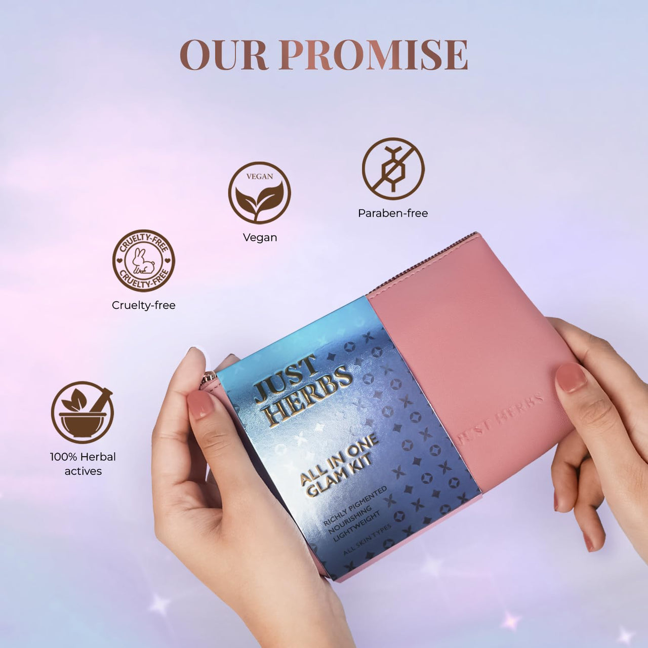 Just Herbs All in 1 Glam Kit Travel Frindly Gifting Pouch for Women (Lip & Cheeck Tint, Liquid Lipstick, Nail Paint, Eyeliner)