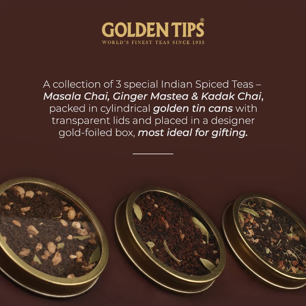 Golden Tips Luxury Tea Gift Pack, 3 Flavor Chai Sampler with Masala, Ginger & Kadak Chai, Exquisite Packaging for Festive Gifts, Weddings, Birthdays & Celebrations"