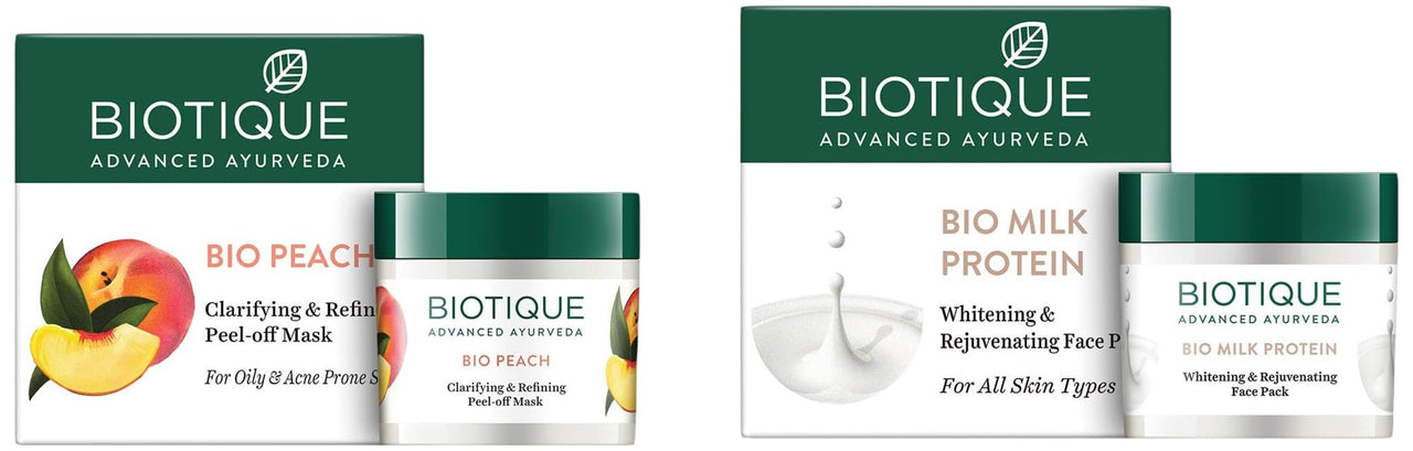 Biotique Bio Milk Protein Whitening & Rejuvenating Face Pack For All Skin Types, 50G & Biotique Bio Peach Clarifying and Refining Peel Off Mask for Oily and Acne Prone Skin, 50g