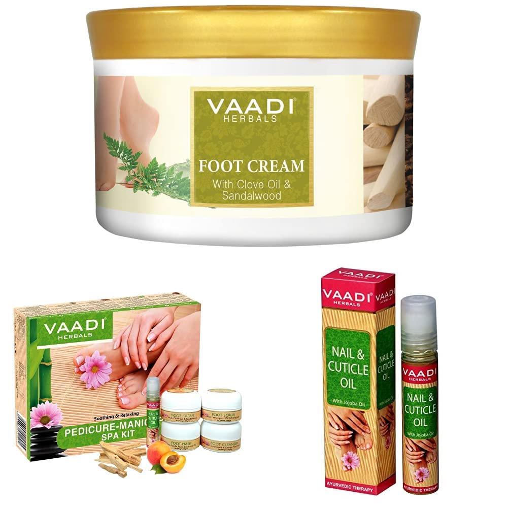 Vaadi Herbals Foot Cream, Clove Oil and Sandalwood, 500g & Vaadi Herbals Soothing And Refreshing Pedicure Manicure Spa Kit, 135g & Vaadi Herbals Nail and Cuticle Oil with Jojoba Oil, 10ml