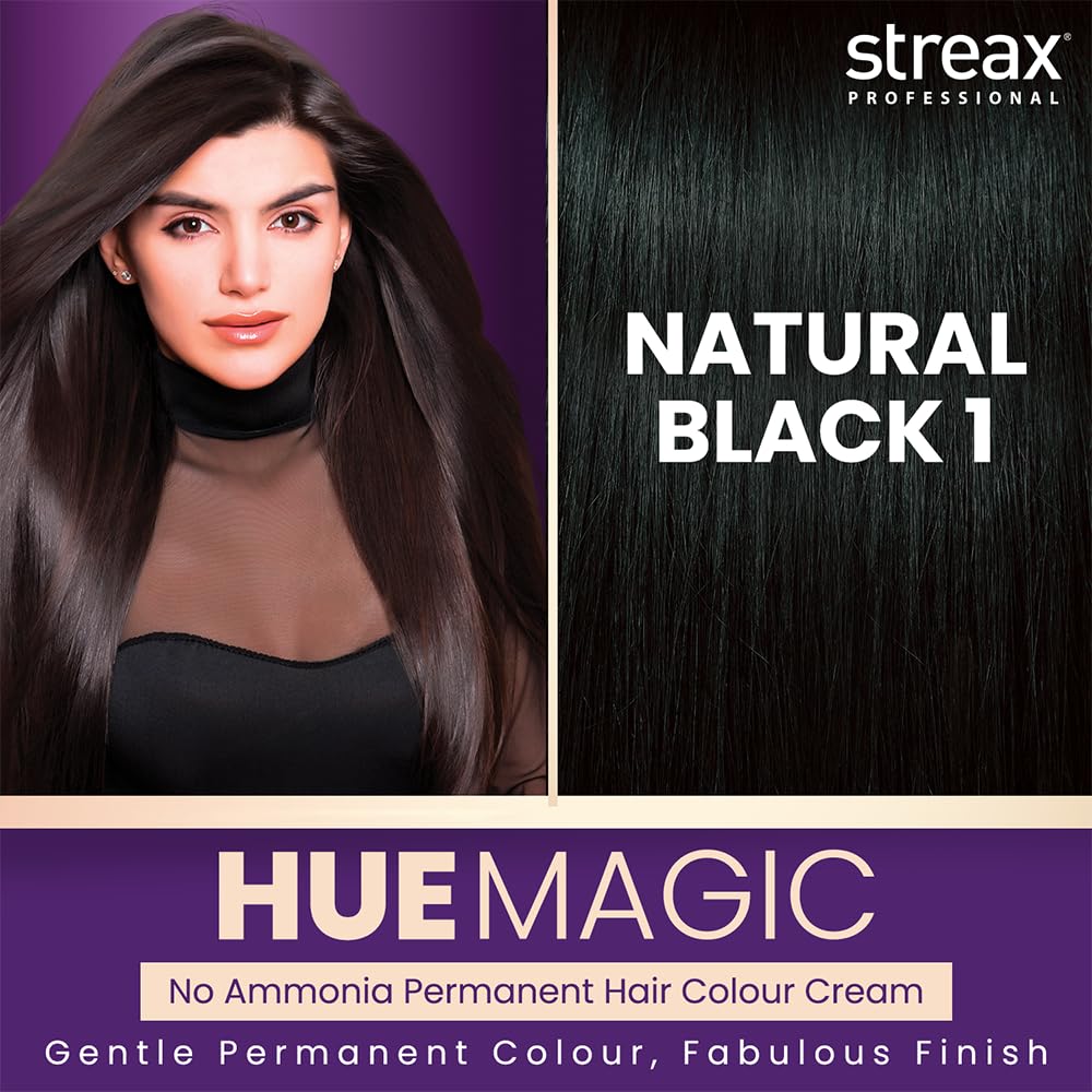 Streax Professional HueMagic Permanent Hair Colour Cream, 90gm | Black Hair Colour, Natural Black 1 | No Ammonia hair Color| For All Hair Types