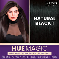 Streax Professional HueMagic Permanent Hair Colour Cream, 90gm | Black Hair Colour, Natural Black 1 | No Ammonia hair Color| For All Hair Types