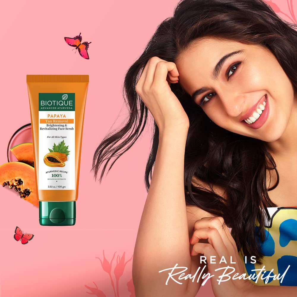 Biotique Bio Almond Oil Nourishing Body Soap, Pack of 3, 225 g (3 x 75 g) & Biotique Papaya Tan Removal Brightening & Reviatalizing Face Scrub For All Skin Types, 100g