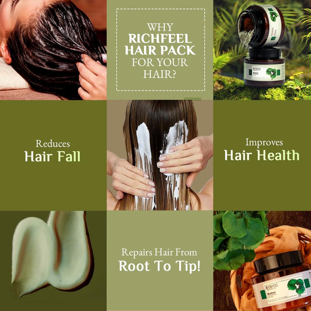Richfeel Brahmi Intensive Repair Hair Pack | Controls Hair Fall Treats Damage, Split Ends and Breakage | Deep Conditioning | Trichologist Formulated | 100 g