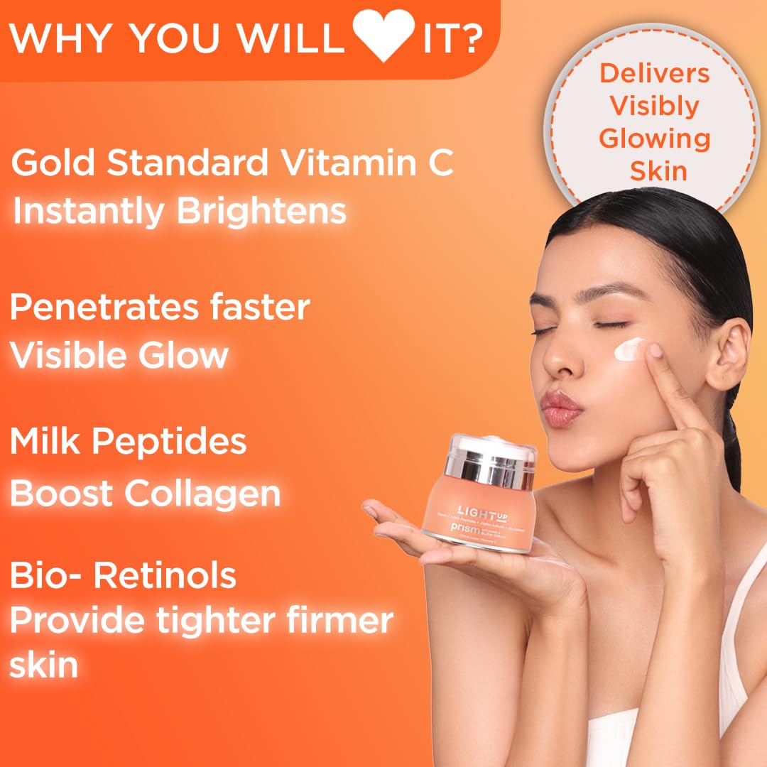 Light Up Beauty Prism Vitamin C Face Cream with Alpha Arbutin and Bio-Retinols | Face Cream for Pigmentation, Ageing and Collagen | Lightweight cream for Dry Skin, Normal Skin & Sensitive skin - 50gm