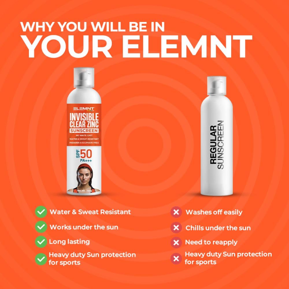 Elemnt Invisible Clear Zinc Sports Sunscreen SPF 50 with Broad Spectrum PA+++ | No White Cast | Waterproof Sunscreen for Beaches & Pool, All Outdoor Sports | Formulated for Prolonged Sun Exposure | Unisex | 100ml