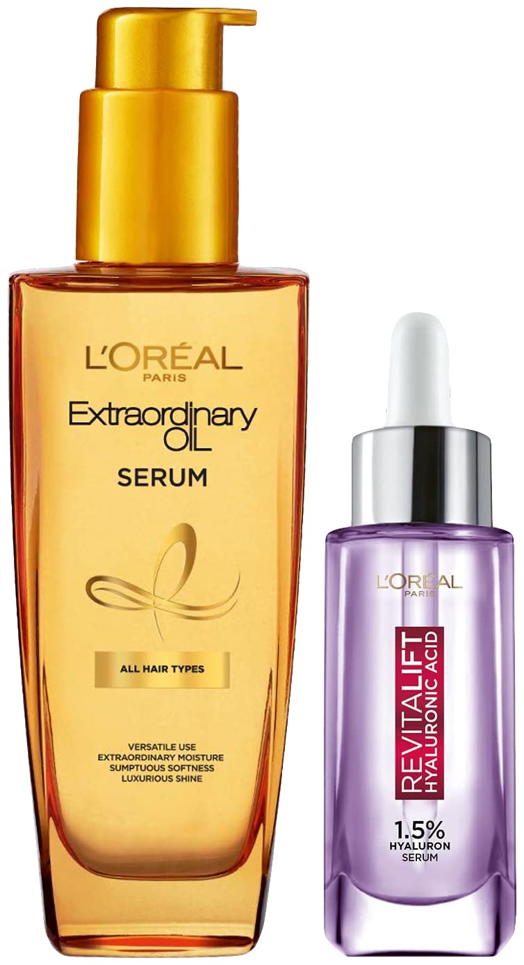 L'Oréal Paris Revitalift Hyaluronic Acid Serum | Lightweight Face Serum For Hydrated, Youthful Skin (Fragrance & Paraben Free), 30ml & L'Oreal Paris Extraordinary Oil Hair Serum, 100 ml