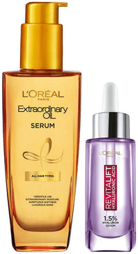 L'Oréal Paris Revitalift Hyaluronic Acid Serum | Lightweight Face Serum For Hydrated, Youthful Skin (Fragrance & Paraben Free), 30ml & L'Oreal Paris Extraordinary Oil Hair Serum, 100 ml