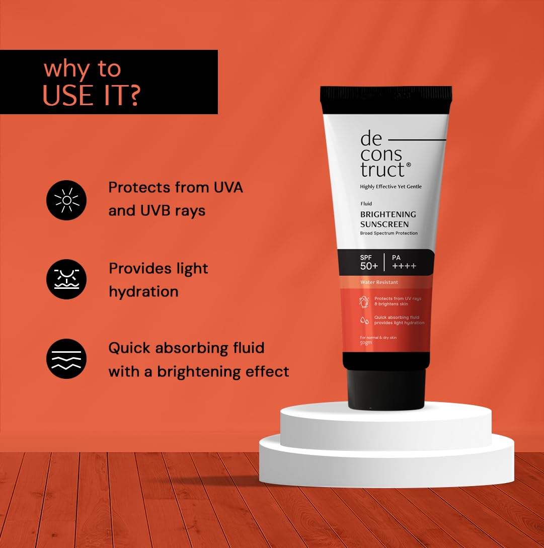 Deconstruct Brightening Sunscreen for Dry Skin with SPF 50+ | 8 hours Long Lasting Dewy Sunscreen | Water Resistant, No White Cast, Quick Absorbing | For Women and Men | 50gm