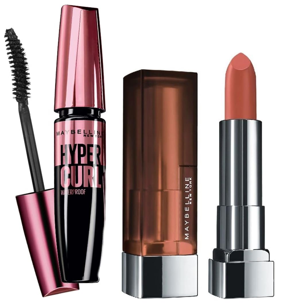 Maybelline New York Hypercurl Mascara Waterproof, Black, 9.2ml And Maybelline New York Color Sensational Creamy Matte Lipstick, 657 Nude Nuance, 3.9g