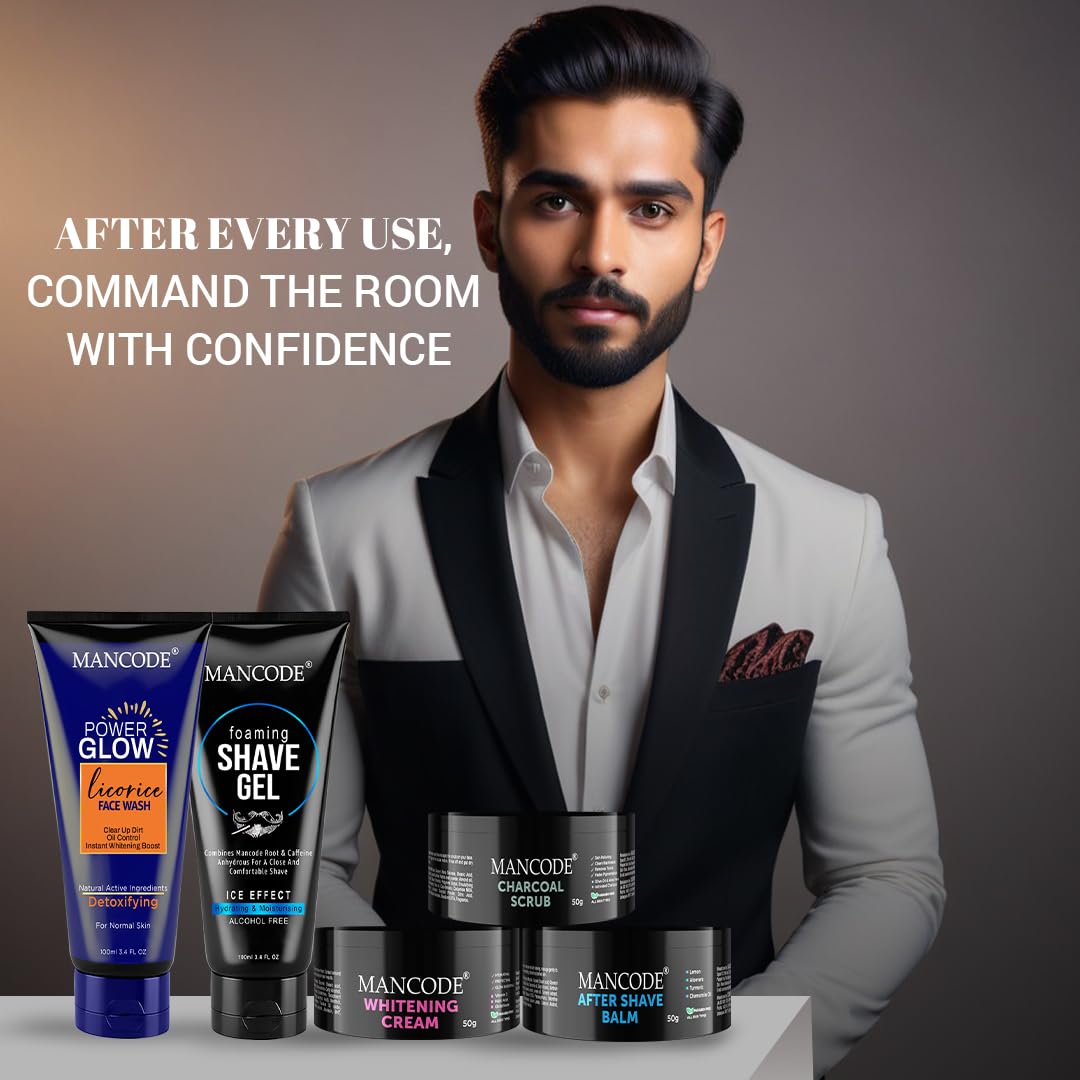 Mancode Grooming Gift Set - The Ultimate Glow Kit for Men | Complete Grooming Kit | Hydrates & Revitalizes Skin (Shave Gel,Face Wash,After Shave Balm,Whitening Cream,Scrub) Stylish Gift Box Pack of 5
