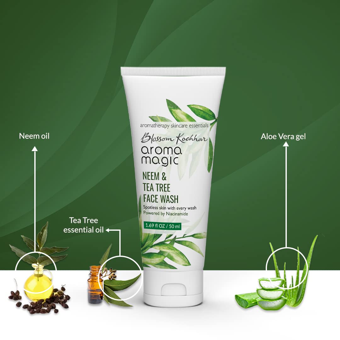 Aroma Magic Neem & Tea Tree Face wash PWRD By 5% Niacinamide & Aloevera Gel| for Spotless & Soft Skin| Oily & Acne/Pimples Prone Skin| for Women & Men| 100 ml| pack of 1