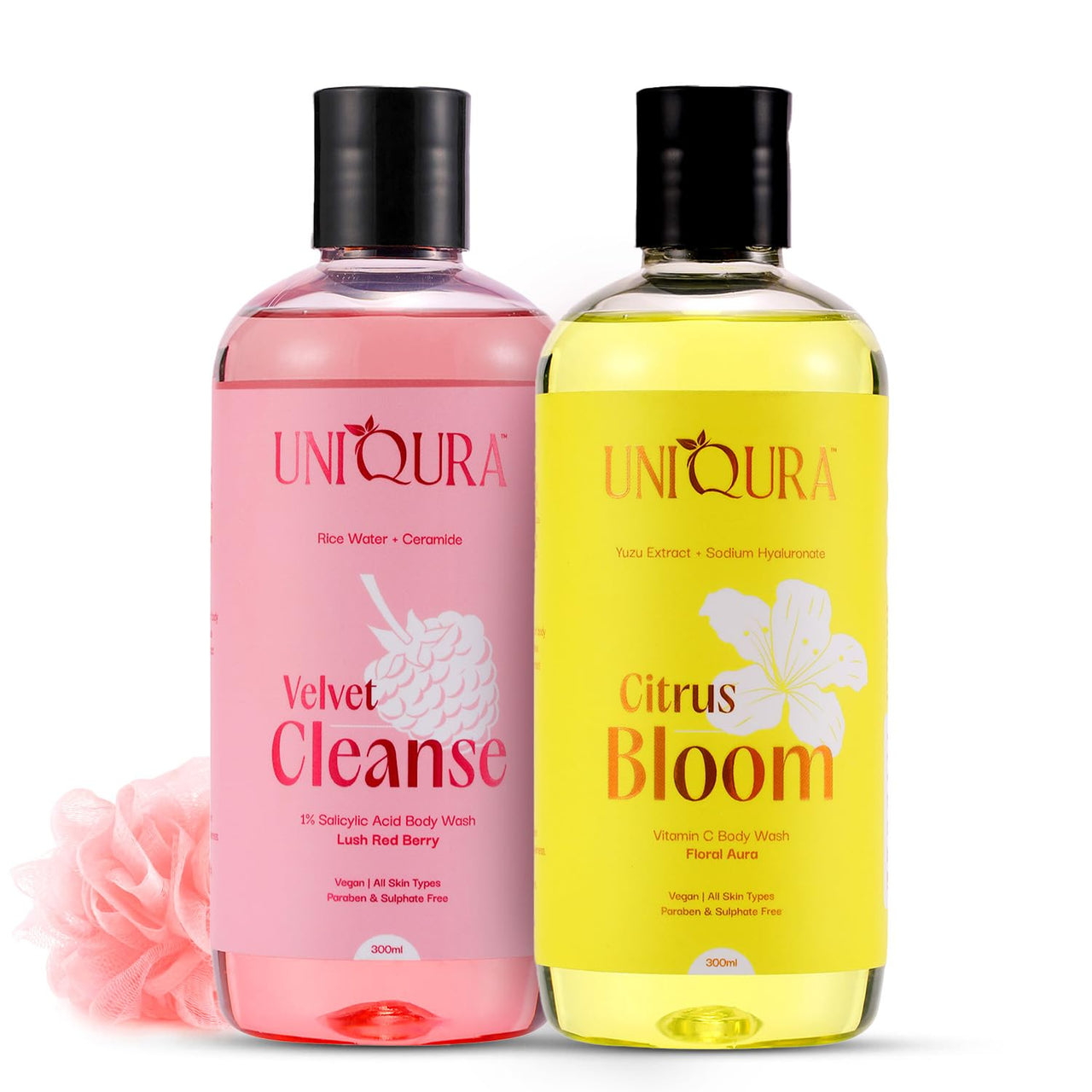 Uniqura Brightening Body Wash Combo With 1% Salicylic Acid & Vitamin C Body Washes| Prevents Body Acne & Sun Damage | Shower Gel For Men & Women (300 ml each+Free Loofah)