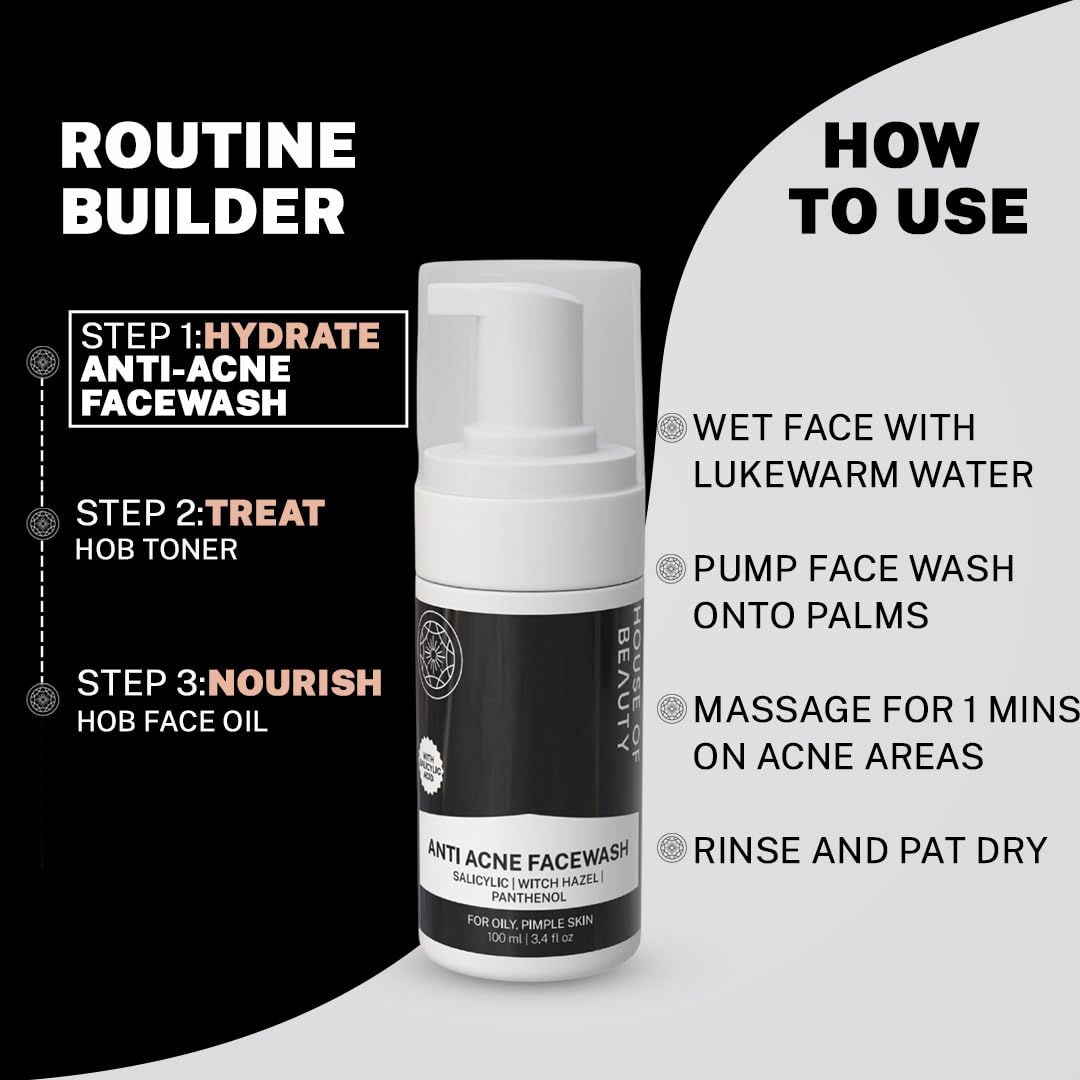 House of Beauty Anti Acne Foam Face Wash | Reduces Oil on Face, Deep Cleanses Pores, Reduces White Heads & Black Heads (100ml, Pack of 1)