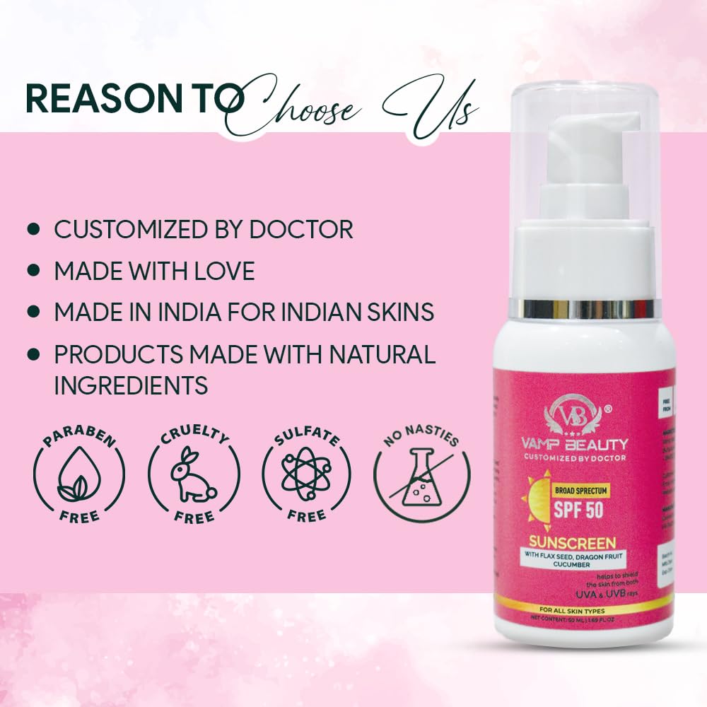 Vamp Beauty Broad Spectrum Sunscreen SPF 50 | With Flax Seeds, Dragon Fruit & Cucumber | No White Cast, Lightweight & Non-Greasy | Daily UV Protection for Men & Women | 50ml
