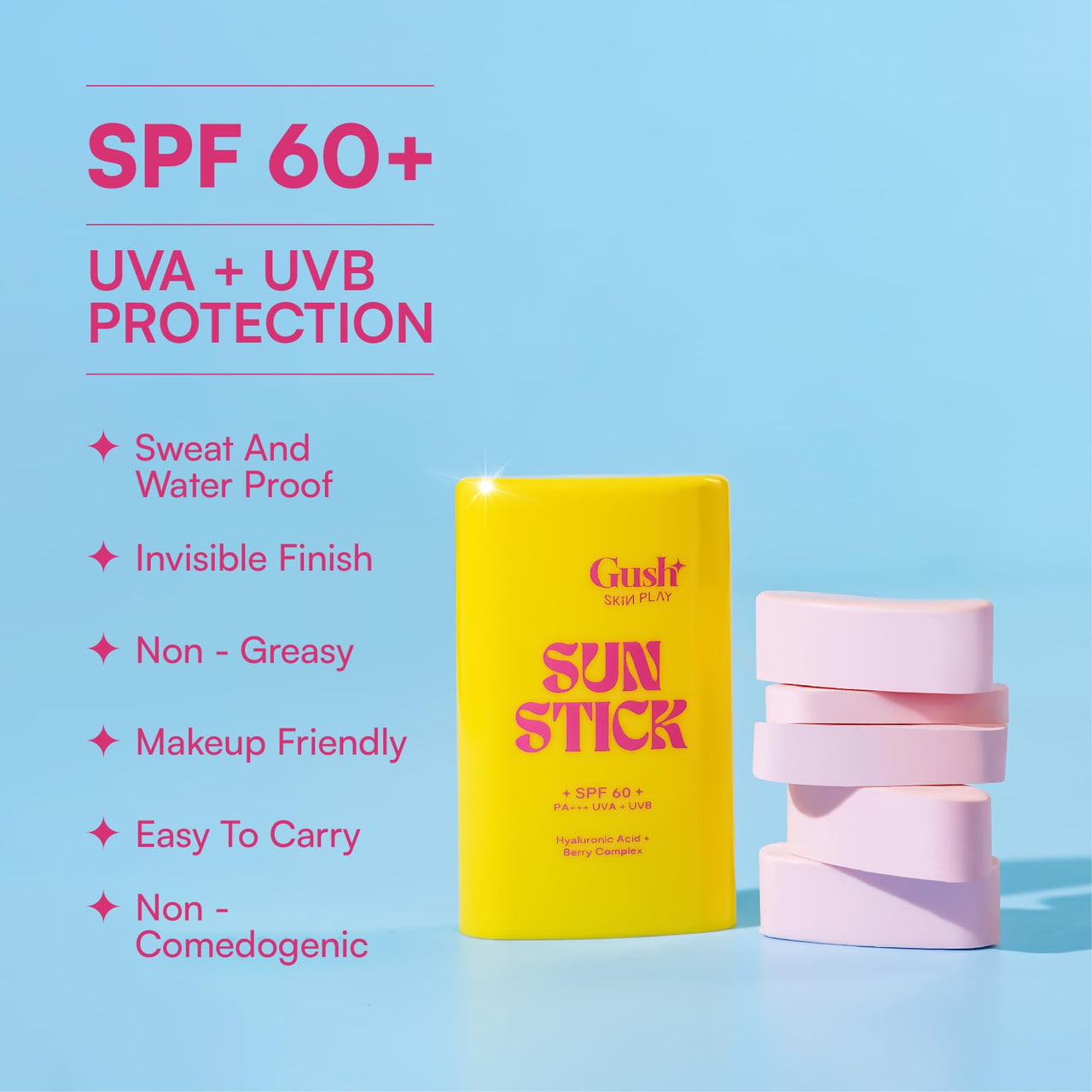 Gush Beauty Invisible Sunscreen Stick With Holder | SPF 60 PA +++ | UVA/UVB Rays Protection | Water Proof | No White Cast | With Hyaluronic Acid | Matte Finish | For All Skin Types - 13g