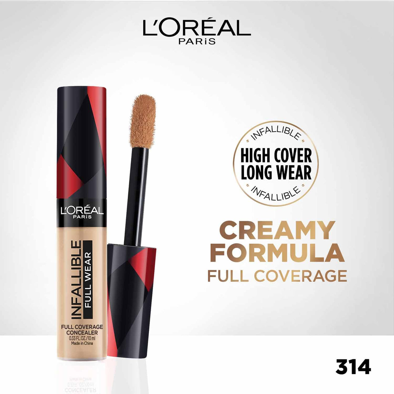 L'Oréal Paris Full Coverage Concealer, Waterproof Formula, For Undereye Circles and Blemishes, For Highlighting and Contouring, Infallible, Shade: 314, 10g