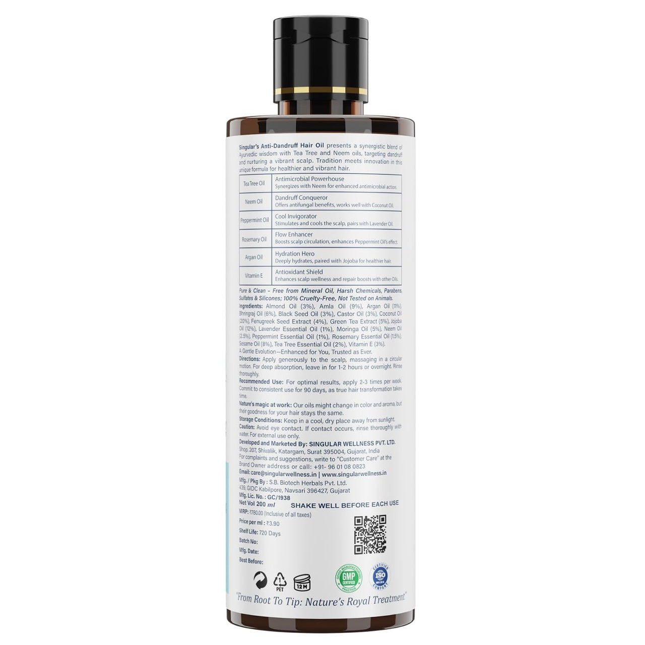 Singular Anti Dandruff Hair Oil for Men & Women - Pure & Natural Cold Pressed Hair oil for Dandruff and Hairfall for Scalp Microbiome Balance with Tea Tree, Peppermint & More Hair Oil - 200 ml