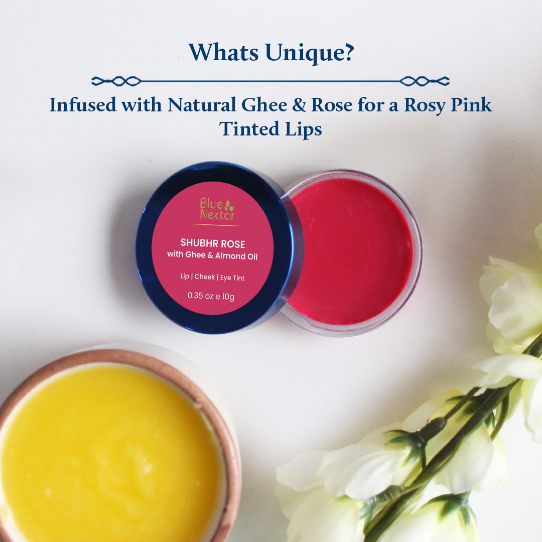 Blue Nectar Lip Tint Balm for Rosy Pink Tinted Lips | Natural Lip Tint for Dark Lips with Organic Ghee & Shea Butter | Long Lasting Lip Mosturizer (10g)