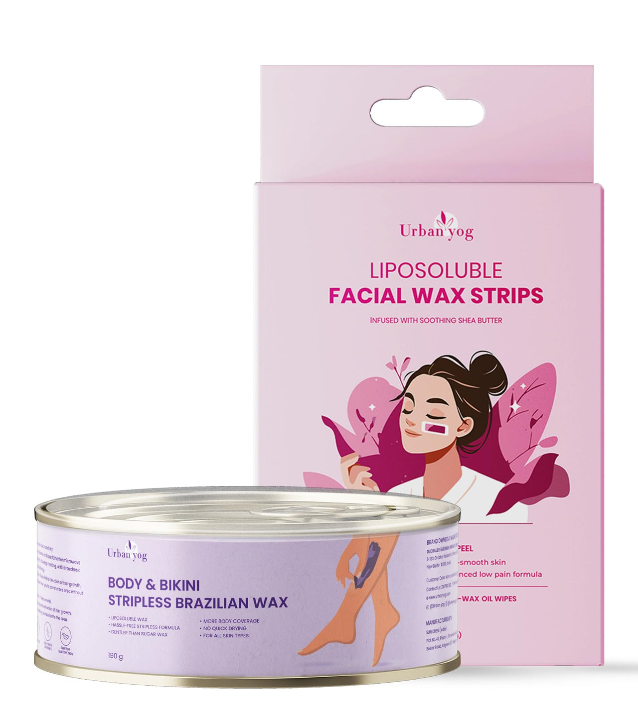 Urban Yog Body & Bikini Stripless Brazilian Wax (190g) + Liposoluble Facial Wax Strips (20 Strips + 4 Post-Wax Wipes) Combo | Gentle Hair Removal for Body & Face | Enriched with Natural Waxes & Shea Butter