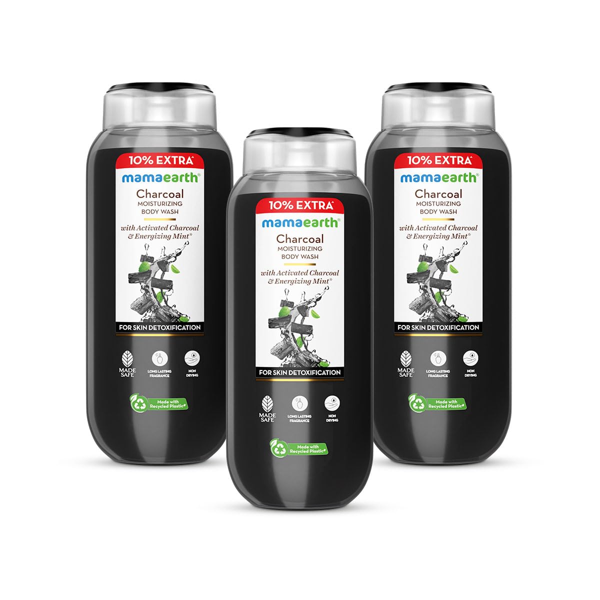 Mamaearth Charcoal Moisturizing Body Wash with Activated Charcoal & Energizing Mint Scent for Skin Detoxification- 275ml | Deeply Cleanses | Intensely Moisturizes | Long-Lasting Fragrance | All Skin Types (Pack of 3)