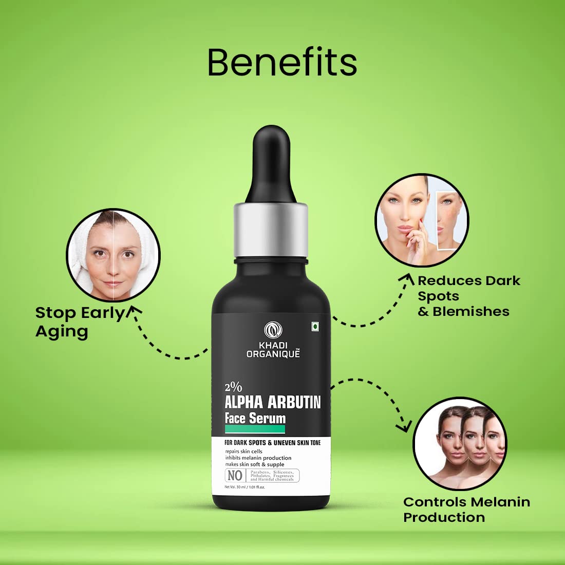 Khadi Organique Alpha Arbutin 2% + Hyaluronic Acid 1% Face Serum for Pigmentation & Dark Spots, Anti-pigmentation, Blemishes, Acne Marks & Tanning For Men & Women, 30Ml