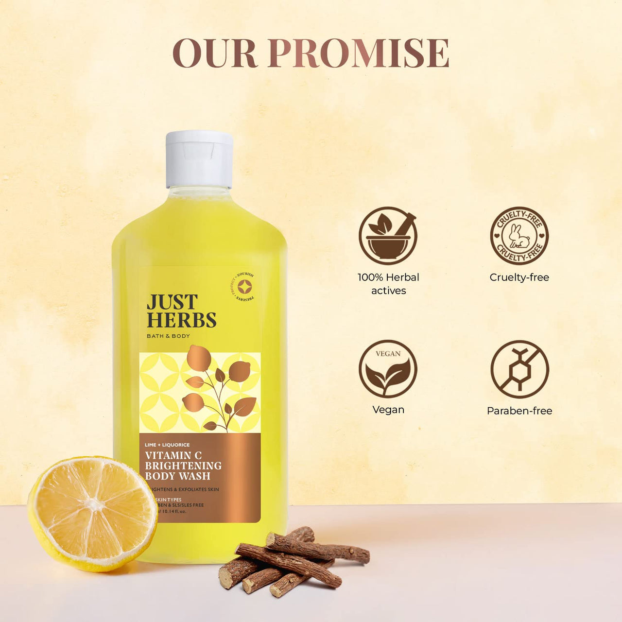 Just Herbs Vitamin C Brightening Body Wash with Lime and Liquorice for Men & Women | Hydrates Skin, Reduces Hyperpigmentation & Maintains pH Level | Suits All Skin Types- 300 ml