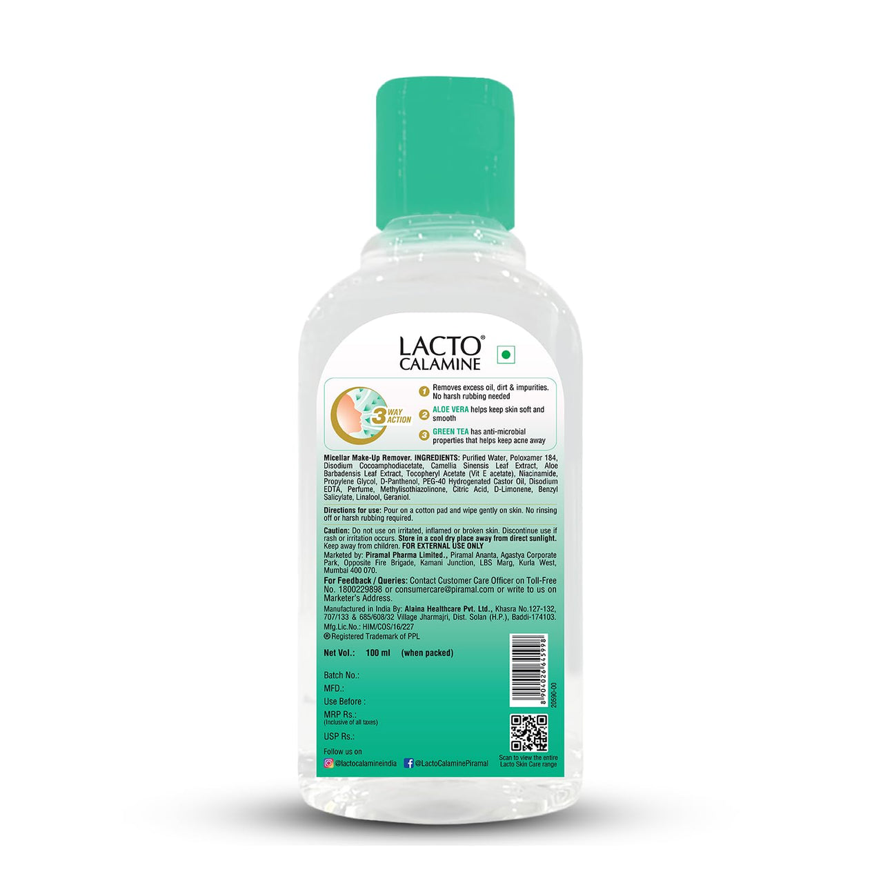 Lacto Calamine Micellar Water Make Up Remover Liquid | 100ml each - Pack of 3 | Aloe Vera, Green Tea & Niacinamide |Cleansing Water For Face That Removes Make-Up, Excess Oil & Impurities |Alcohol Free